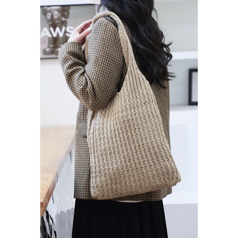 Hand Crocheted Shoulder Beach Bag in Khaki